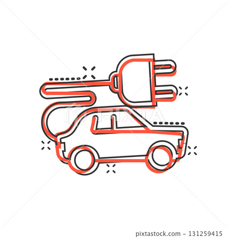Electric car icon in comic style. Electro auto cartoon vector illustration on white isolated background. Ecology transport splash effect business concept. 131259415