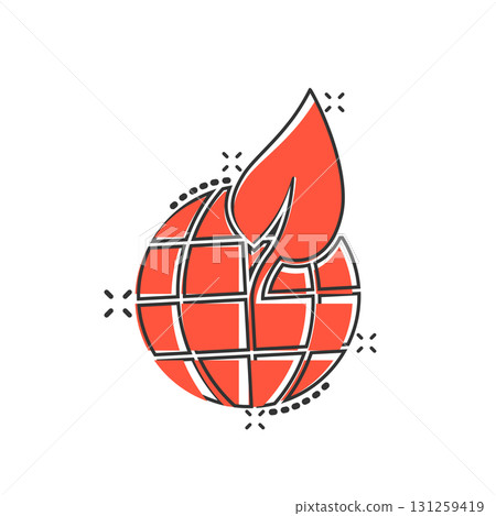 Planet and leaf icon in comic style. World and eco cartoon vector illustration on white isolated background. Globe and organic splash effect business concept. 131259419