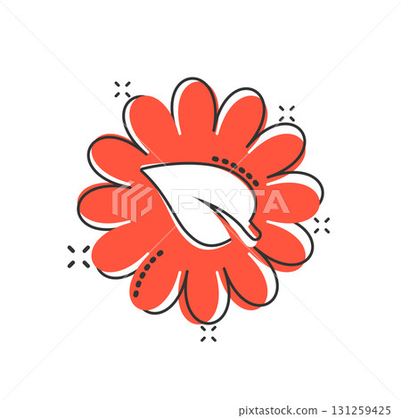 Leaf and chamomile icon in comic style. Flower with plant cartoon vector illustration on white isolated background. Eco power splash effect sign business concept. 131259425