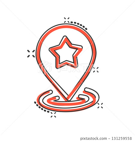 Map pin icon in comic style. GPS navigation cartoon vector illustration on white isolated background. Locate position splash effect business concept. Map pin icon in comic style. GPS navigation cartoon vector illustration on white isolated background. Locate position splash effect business concept. 131259558