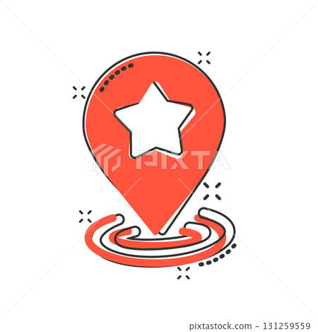 Map pin icon in comic style. GPS navigation cartoon vector illustration on white isolated background. Locate position splash effect business concept. 131259559