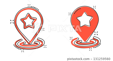 Map pin icon in comic style. GPS navigation cartoon vector illustration on white isolated background. Locate position splash effect business concept. 131259560