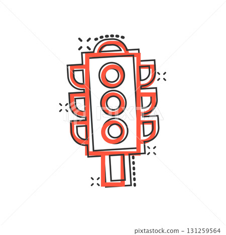 Semaphore icon in comic style. Traffic light cartoon vector illustration on white isolated background. Crossroads splash effect business concept. 131259564