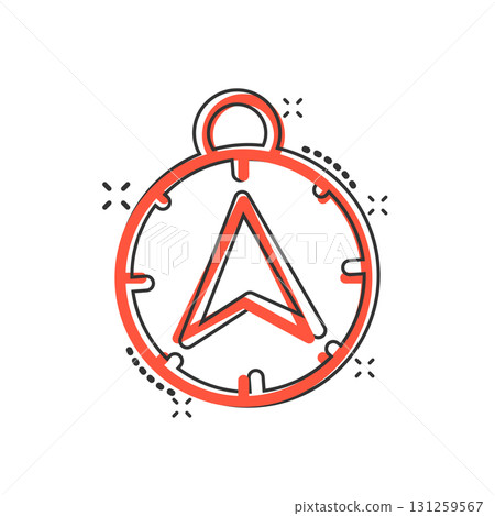 Compass icon in comic style. Navigation equipment cartoon vector illustration on white isolated background. Journey direction splash effect business concept. Compass icon in comic style. Navigation equipment cartoon vector illustration on white isolated background. Journey direction splash effect business concept. 131259567
