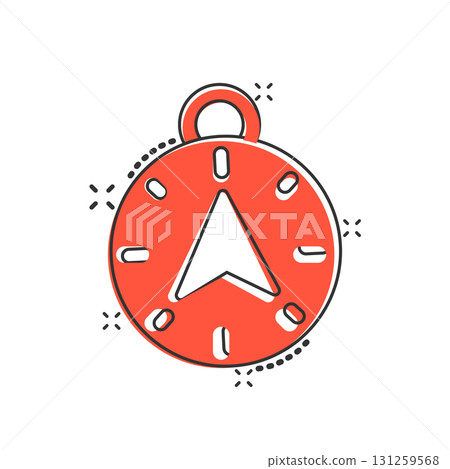 Compass icon in comic style. Navigation equipment cartoon vector illustration on white isolated background. Journey direction splash effect business concept. 131259568
