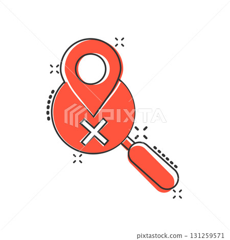 Map pin with magnifier icon in comic style. Gps navigation cartoon vector illustration on white isolated background. Locate position splash effect business concept. Map pin with magnifier icon in comic style. Gps navigation cartoon vector illustration on white isolated background. Locate position splash effect business concept. 131259571