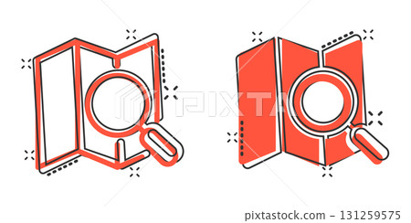 Map with magnifier icon in comic style. Gps navigation cartoon vector illustration on white isolated background. Locate position splash effect business concept. 131259575