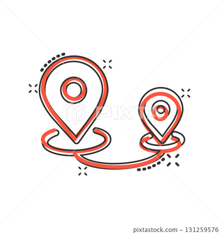 Map pin icon in comic style. GPS navigation cartoon vector illustration on white isolated background. Locate position splash effect business concept. 131259576
