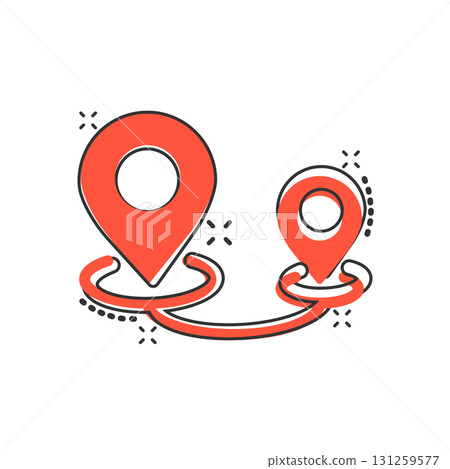 Map pin icon in comic style. GPS navigation cartoon vector illustration on white isolated background. Locate position splash effect business concept. 131259577