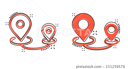 Map pin icon in comic style. GPS navigation cartoon vector illustration on white isolated background. Locate position splash effect business concept. 131259578