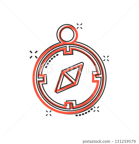Compass icon in comic style. Navigation equipment cartoon vector illustration on white isolated background. Journey direction splash effect business concept. 131259579