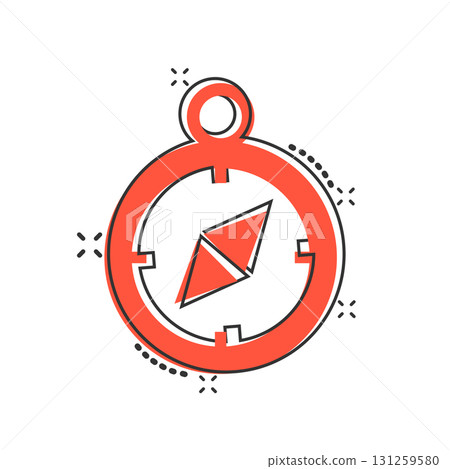Compass icon in comic style. Navigation equipment cartoon vector illustration on white isolated background. Journey direction splash effect business concept. 131259580