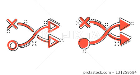Crossroad icon in comic style. Road direction navigation cartoon vector illustration on white isolated background. Locate pin position splash effect business concept. 131259584