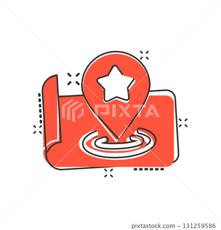 Map pin icon in comic style. gps navigation cartoon vector illustration on white isolated background. Locate position splash effect business concept. Map pin icon in comic style. gps navigation cartoon vector illustration on white isolated background. Locate position splash effect business concept. 131259586