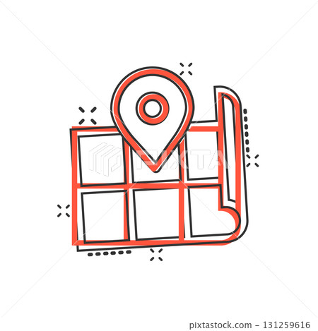 Map pin icon in comic style. gps navigation cartoon vector illustration on white isolated background. Locate position splash effect business concept. 131259616