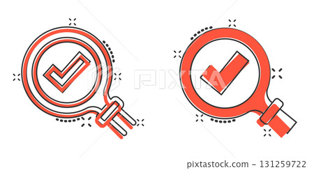 Check mark with magnifying glass icon in comic style. Loupe accept cartoon vector illustration on white isolated background. Search checklist splash effect business concept. Check mark with magnifying glass icon in comic style. Loupe accept cartoon vector illustration on white isolated background. Search checklist splash effect business concept. 131259722