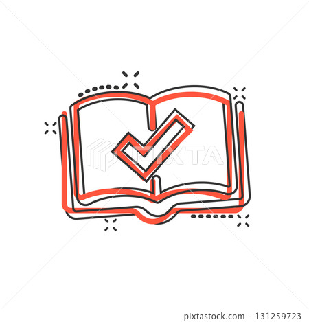 Book check mark icon in comic style. Bookmark approval cartoon vector illustration on white isolated background. Confirm splash effect business concept. 131259723