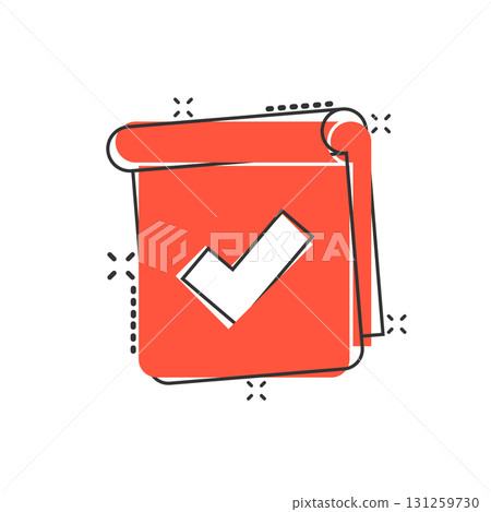 Document checklist icon in comic style. Report cartoon vector illustration on white isolated background. Paper sheet splash effect business concept. Document checklist icon in comic style. Report cartoon vector illustration on white isolated background. Paper sheet splash effect business concept. 131259730