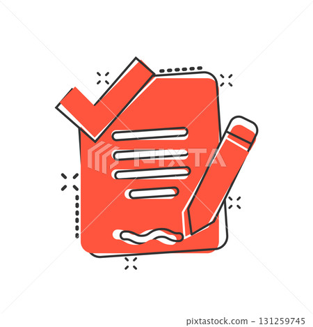 Document checklist icon in comic style. Report cartoon vector illustration on white isolated background. Paper sheet splash effect business concept. Document checklist icon in comic style. Report cartoon vector illustration on white isolated background. Paper sheet splash effect business concept. 131259745