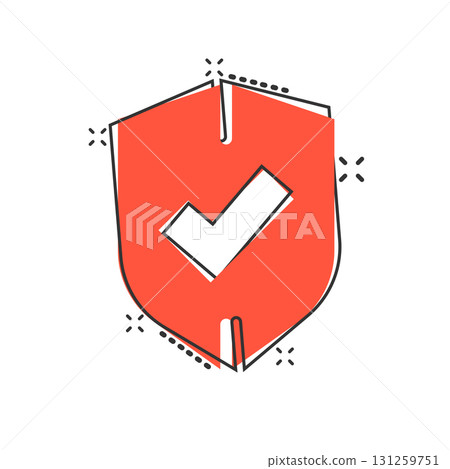 Shield with check mark icon in comic style. Protect cartoon vector illustration on white isolated background. Checkmark guard splash effect business concept. 131259751