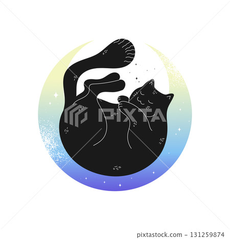 Curled up black cat sleeping on a colored crescent. Celestial emblem. Vector illustration 131259874