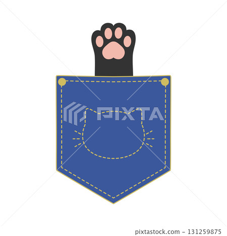 Black cat paw with peeking out of a pocket. Cat paw in a jeans pocket decorated with a cat outline. Vector illustration 131259875