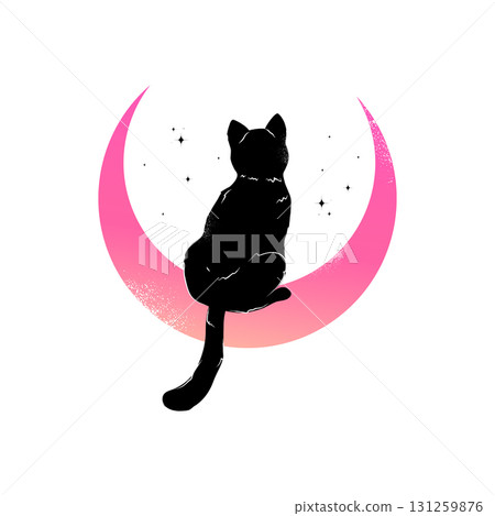 Black cat sitting on a colored crescent. Celestial emblem. Vector illustration 131259876