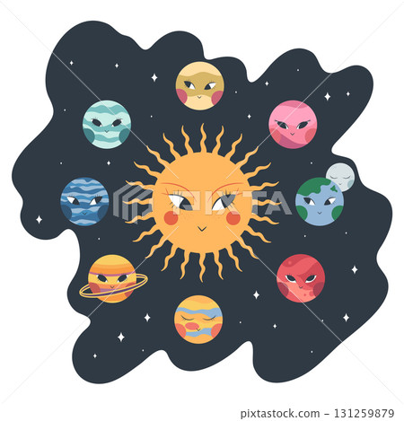Cartoon Solar system in round shape. Abstract Solar system with cute boho planets, Sun and Moon. Vector illustration 131259879