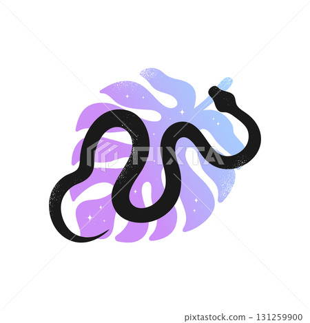 Black snake on monstera leaf silhouette decorated with stars. Celestial emblem with serpent and plant. Vector illustration 131259900