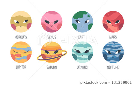 Cartoon Solar system planets in boho style. Hand drawn planets, Sun and Moon isolated on white background. Vector illustration 131259901
