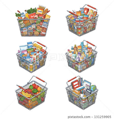 Grocery products in supermarket basket. Illustration design. 131259905