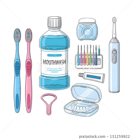Oral irrigator, toothbrush, mouthwash, interdental brush, retainer, floss and other dentistry items set. Dental care, health, hygiene concept. illustration design Oral irrigator, toothbrush, mouthwash, interdental brush, retainer, floss and other dentistry items set. Dental care, health, hygiene concept. illustration design 131259922