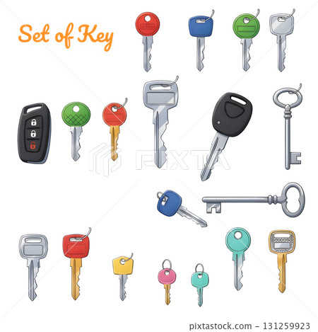 Various key blanks set. Apartment, home, car and other keys on keyholders. Locksmith service concept. Illustration design. Various key blanks set. Apartment, home, car and other keys on keyholders. Locksmith service concept. Illustration design. 131259923
