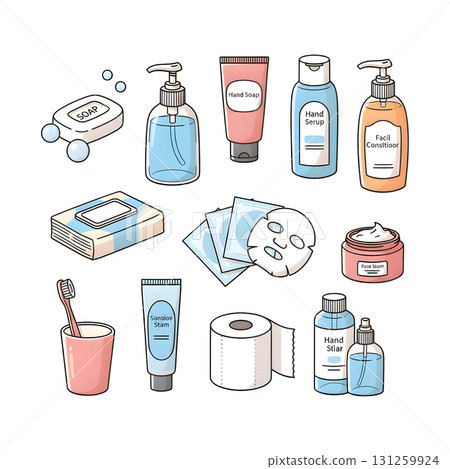 Facial mask, shower gel, massager, cream and other hair and skin care cosmetic products. Beauty and fashion trendy doodle cartoon concept set. illustration design. Facial mask, shower gel, massager, cream and other hair and skin care cosmetic products. Beauty and fashion trendy doodle cartoon concept set. illustration design. 131259924