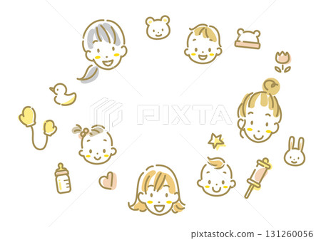 嬰兒、母親和其他裝飾品的相框。時尚可愛的手繪水彩線描插畫。 嬰兒、母親和其他裝飾品的相框。時尚可愛的手繪水彩線描插畫。 131260056