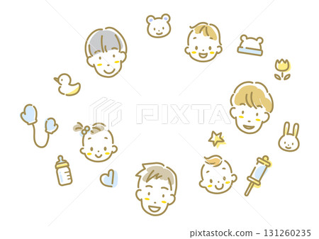 嬰兒、爸爸和其他裝飾品的相框。時尚可愛的手繪水彩線描插畫。 嬰兒、爸爸和其他裝飾品的相框。時尚可愛的手繪水彩線描插畫。 131260235