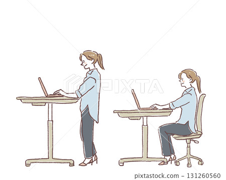 A woman working on a computer at a height-adjustable desk, sitting and standing, 131260560