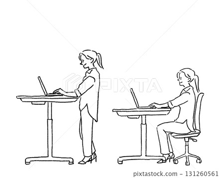 A woman working on a computer at a height-adjustable desk, sitting and standing, line drawing, 131260561