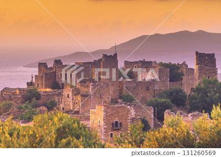 Tower houses in Vathia at sunset Greece Mani Peninsula Tower houses in Vathia at sunset Greece Mani Peninsula 131260569
