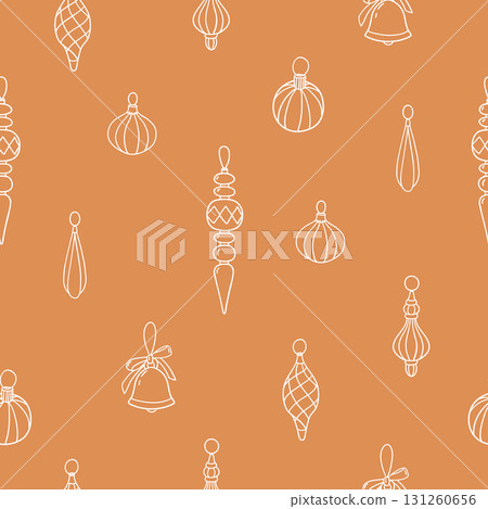 Seamless pattern with vintage Christmas tree decorations on a yellow background in line style. Hand drawn vector illustration for wrapping paper, textile, fabric. Seamless pattern with vintage Christmas tree decorations on a yellow background in line style. Hand drawn vector illustration for wrapping paper, textile, fabric. 131260656