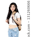 young beautiful woman in casual clothes, carries backpack go to vacation 131260666