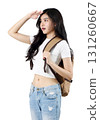 young beautiful woman in casual clothes, carries backpack go to vacation 131260667