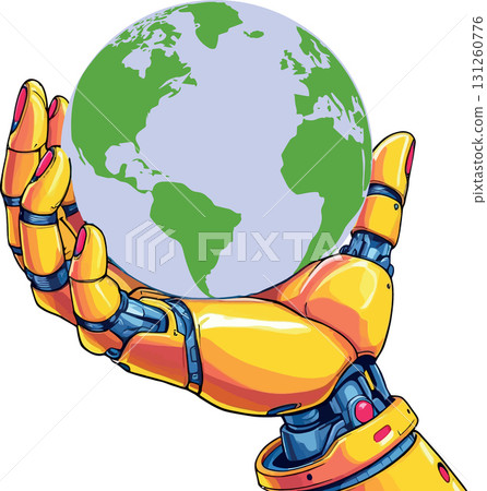 Vsai robotic hand holding planet earth, environmental protection and technological advancement 131260776