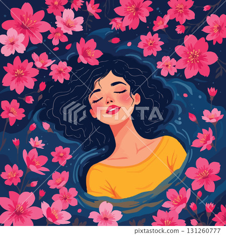 Vsai woman floating peacefully among pink cherry blossoms 131260777