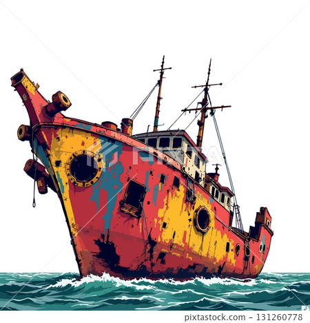 Vsai old rusty abandoned shipwreck sailing on the sea waves 131260778