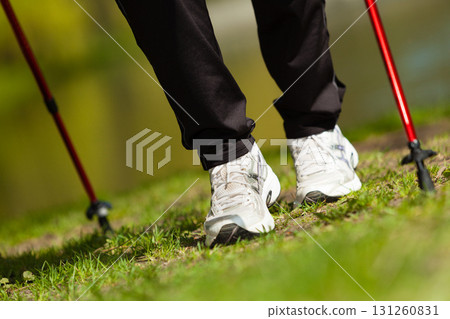 Nordic walking. Female legs hiking in the park. Nordic walking. Female legs hiking in the park. 131260831