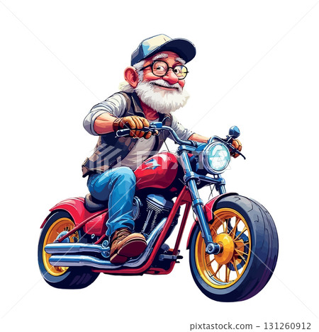 Vsai senior biker riding powerful red motorcycle illustration 131260912