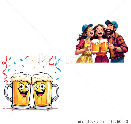 Vsai friends toasting with beer mugs at a party celebrating with cartoon mugs Vsai friends toasting with beer mugs at a party celebrating with cartoon mugs 131260920