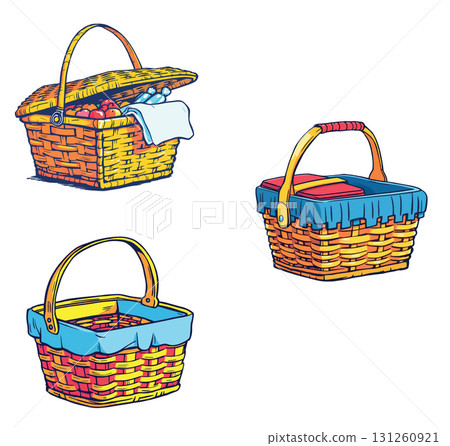 Vsai three colorful picnic baskets ready for outdoor dining Vsai three colorful picnic baskets ready for outdoor dining 131260921