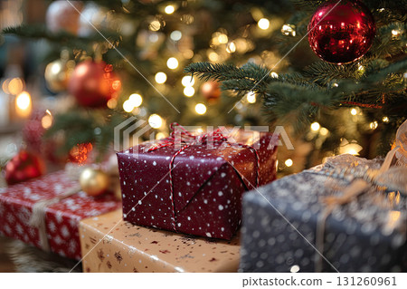 beautifully wrapped Christmas gifts with red ribbons, pine branches and baubles background 131260961